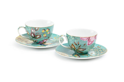 Peacock Lotus Garden Green Fine Porcelain Cup and Saucer Set of 2
