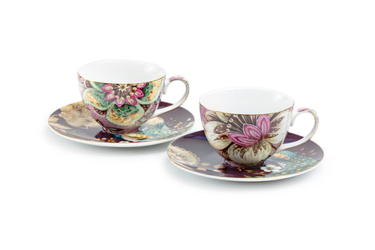 Peacock Lotus Garden Pink Fine Porcelain Cup and Saucer Set of 2