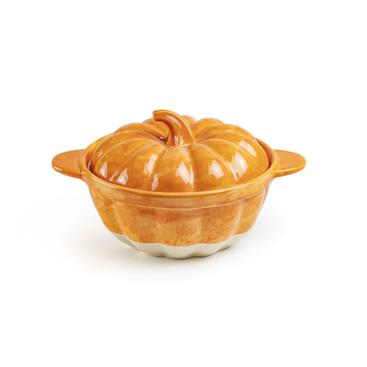 Orange Pumpkin Figural Reactive Glaze Baking Dish with Lid - Medium Size