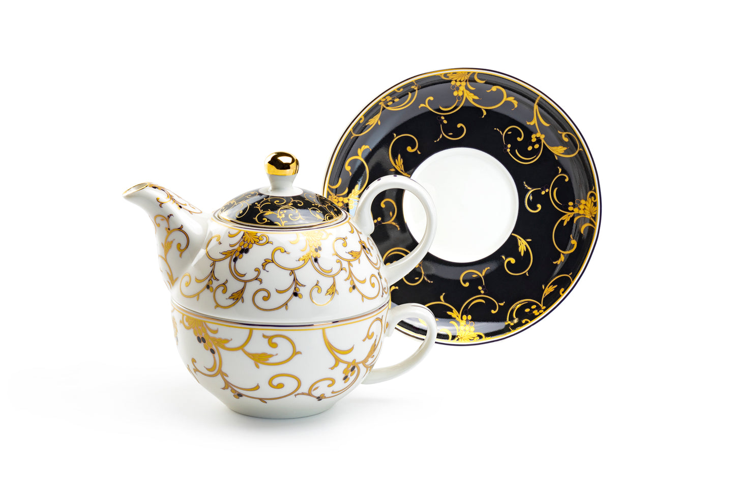 Black Gold Scroll Fine Porcelain Tea For One Set