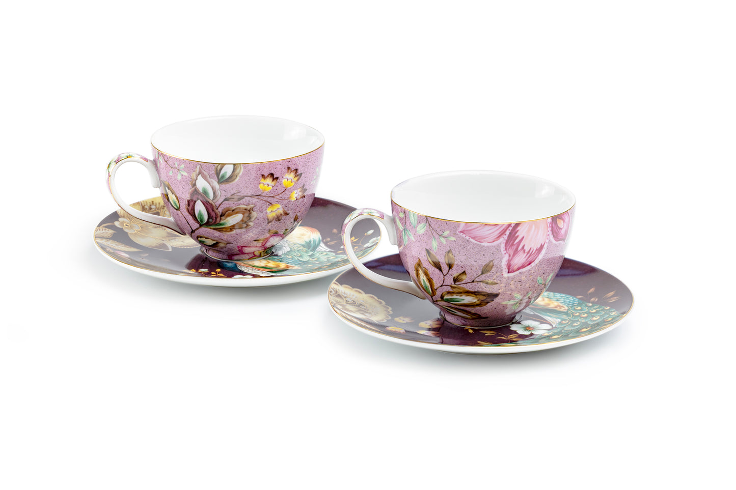 Peacock Lotus Garden Pink Fine Porcelain Cup and Saucer Set of 2