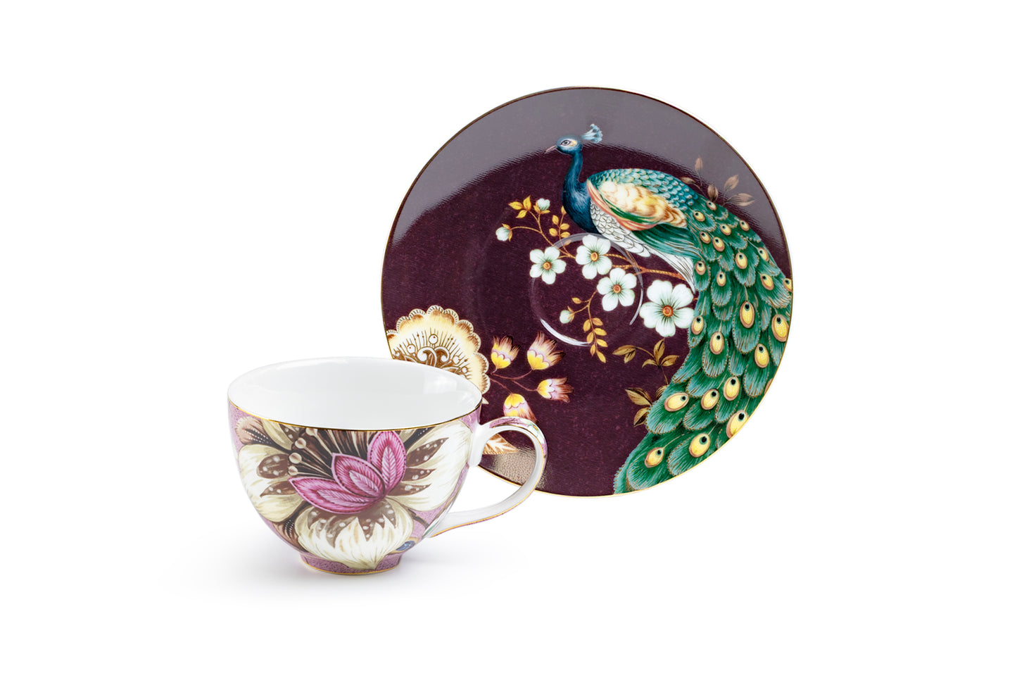 Peacock Lotus Garden Pink Fine Porcelain Cup and Saucer Set of 2
