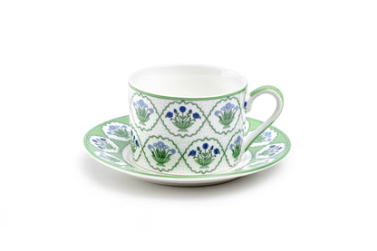Green Bouquet Medallion Fine Porcelain Cup and Saucer