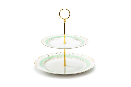 Mint Stripe with Gold Dots Fine Porcelain 2-Tier Server