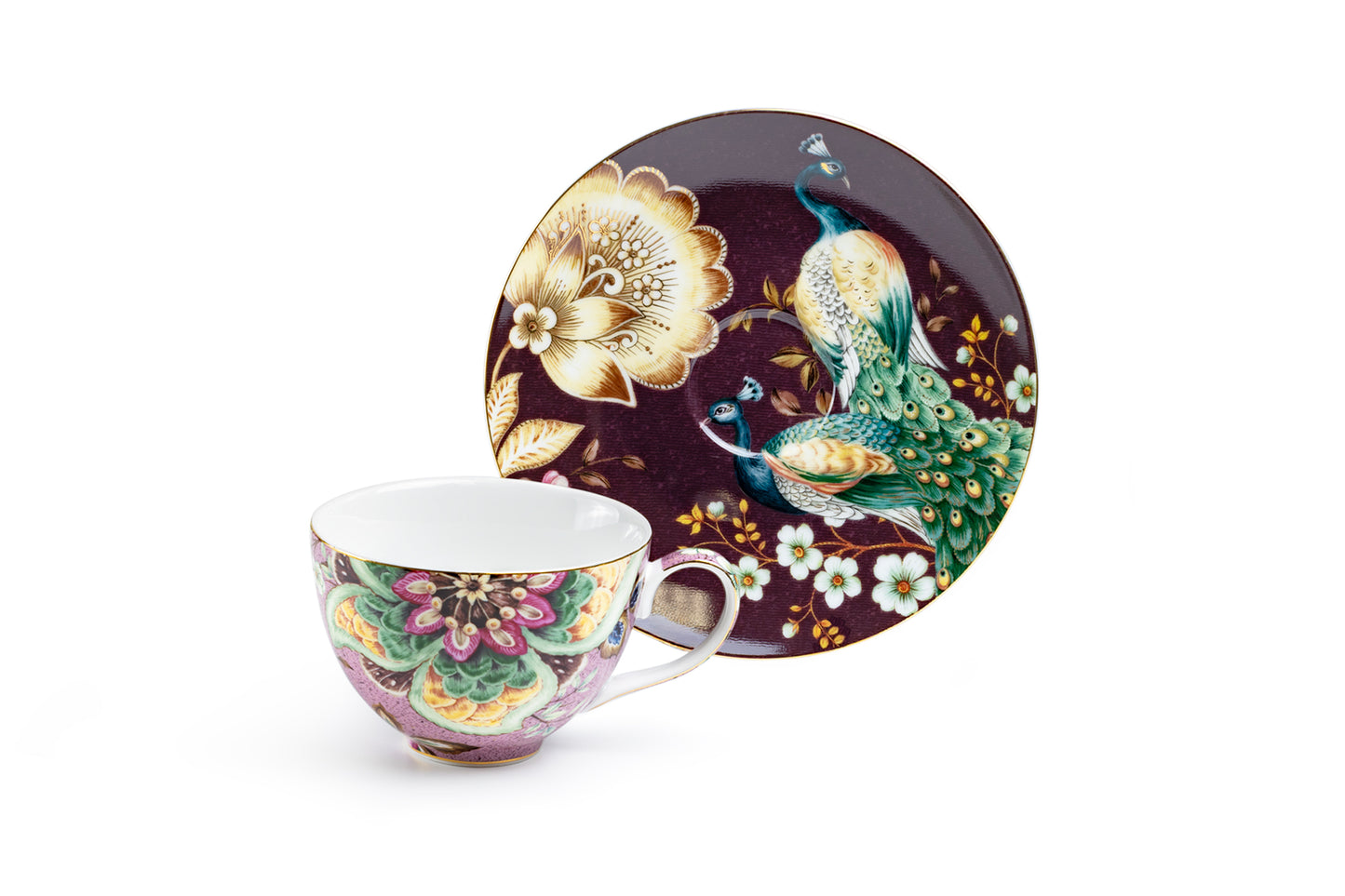 Peacock Lotus Garden Pink Fine Porcelain Cup and Saucer Set of 2
