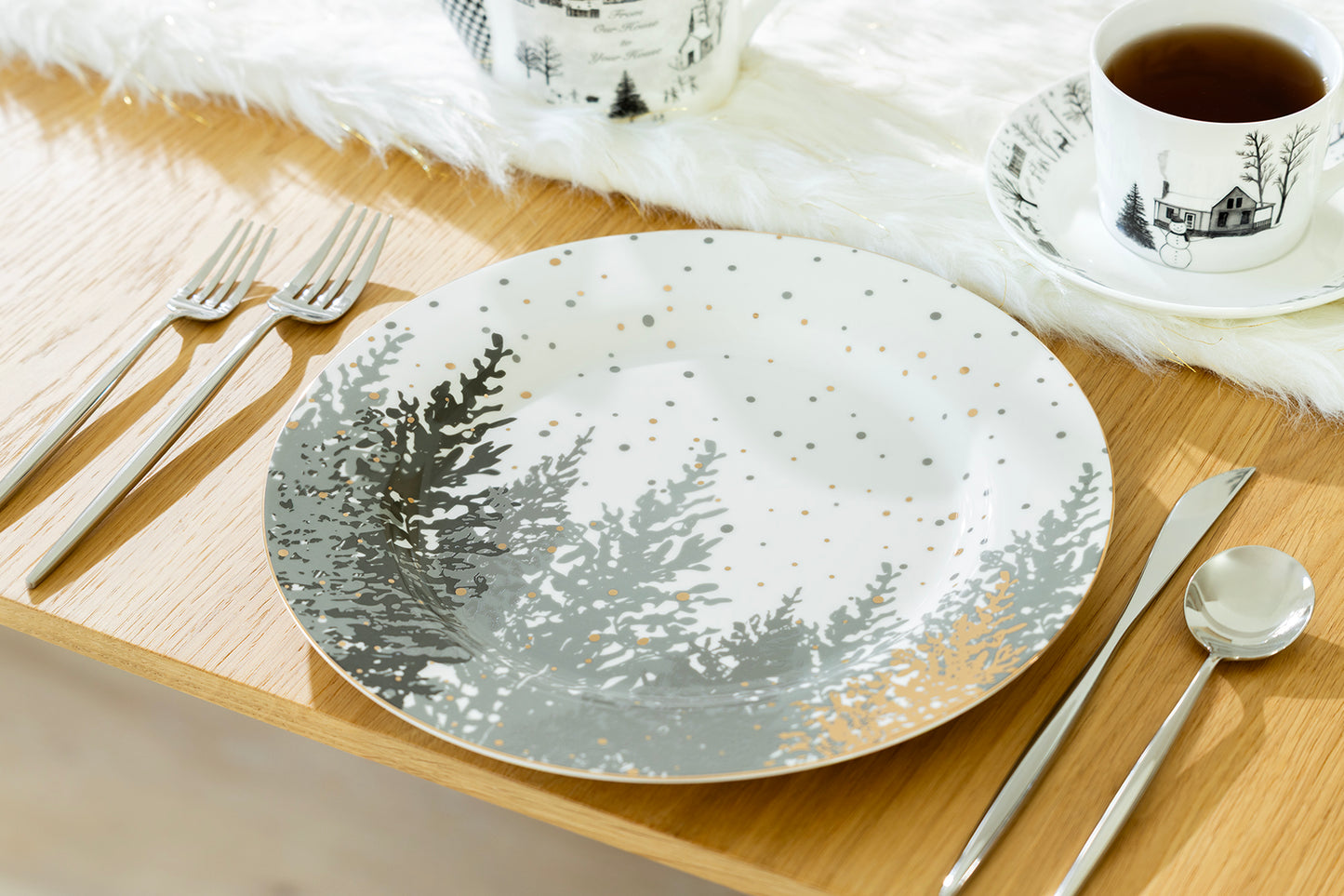 Grey and Gold Winter Forest Fine Porcelain Dinner Plate