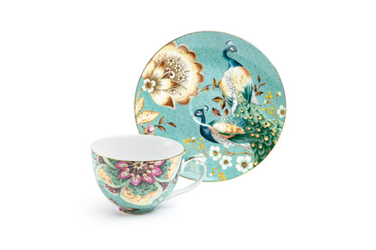 Peacock Lotus Garden Green Fine Porcelain Cup and Saucer Set of 2