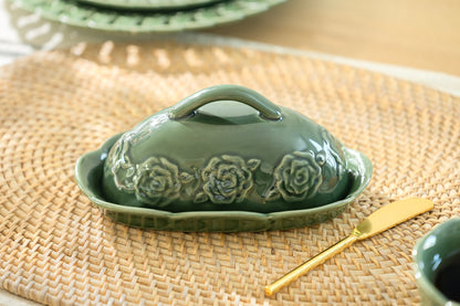Green Embossed Rose Butter Dish