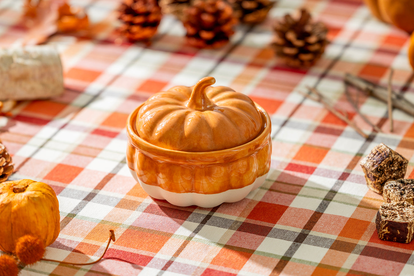 Pumpkin Figural Orange Reactive Glaze Bowl with Lid