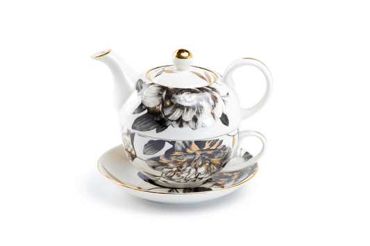 Black Gold Peony Fine Porcelain Tea For One Set