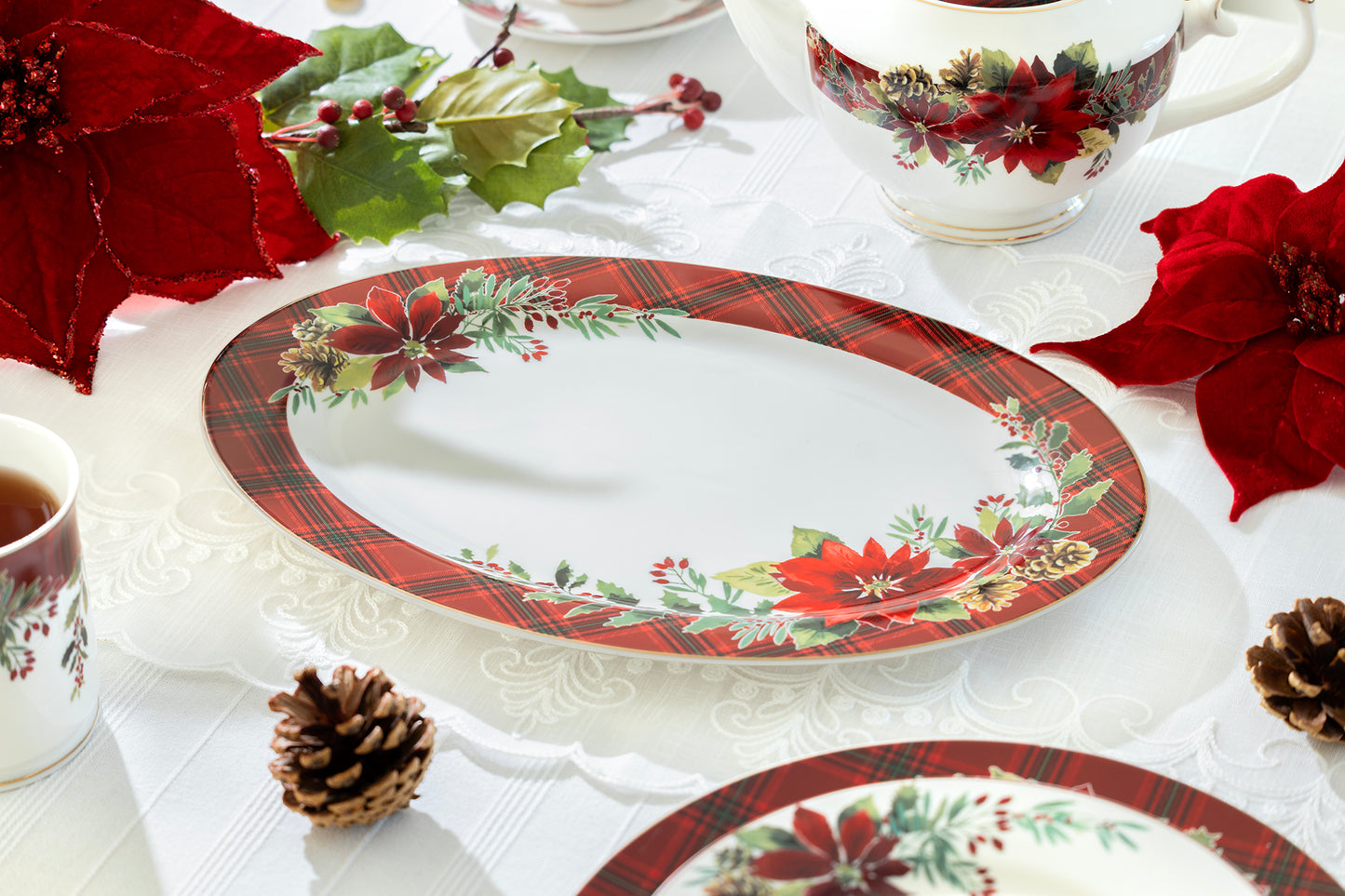 Poinsettia Pine Cone Fine Porcelain Oval Serving Platter