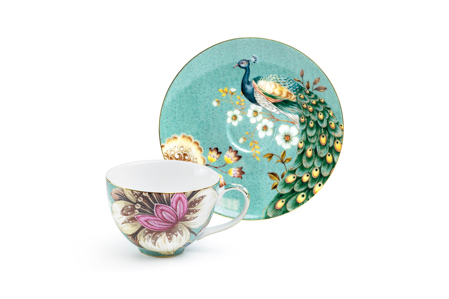 Peacock Lotus Garden Green Fine Porcelain Cup and Saucer Set of 2
