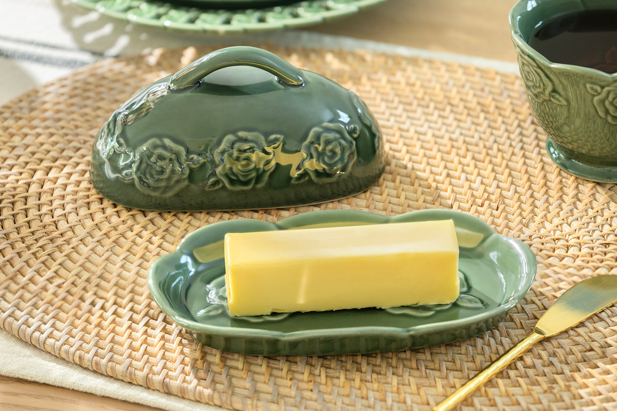Green Embossed Rose Butter Dish