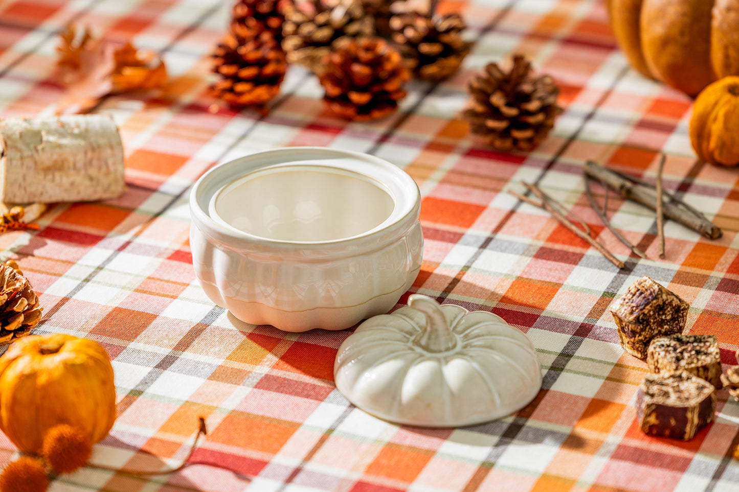 Pumpkin Figural White Reactive Glaze Bowl with Lid