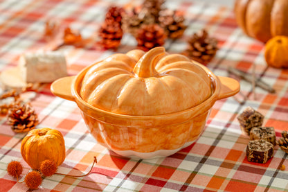 Orange Pumpkin Figural Reactive Glaze Baking Dish with Lid - Medium Size