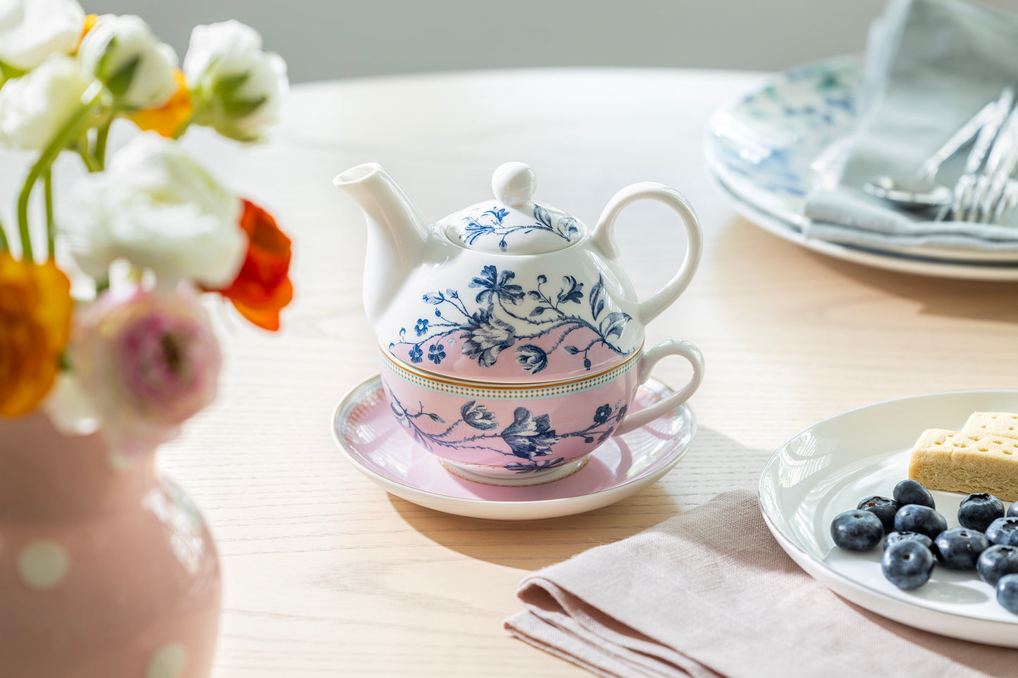 Blue Blossom Pink Fine Porcelain Tea For One Set