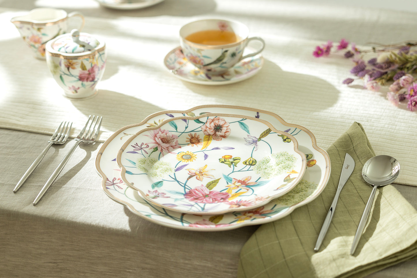 Spring Flowers with Hummingbird Assorted Color Cups Fine Porcelain Tea Set