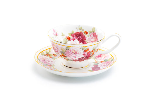 Peony and Strawberry Pink Bone China Tea Cup and Saucer