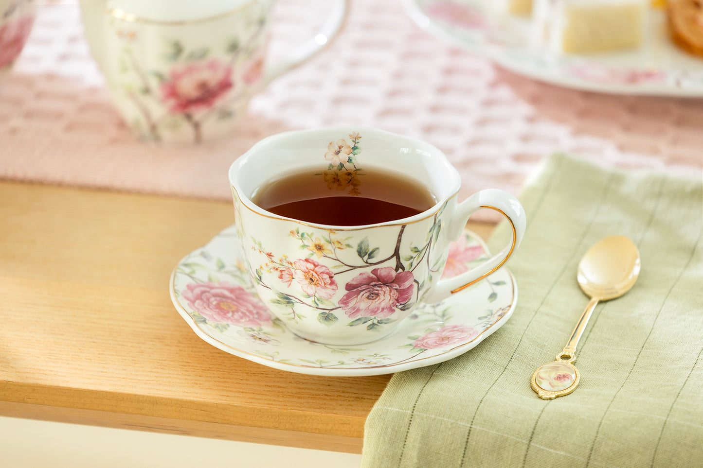 Pink Camellia Scallop Fine Porcelain Tea Cup and Saucer