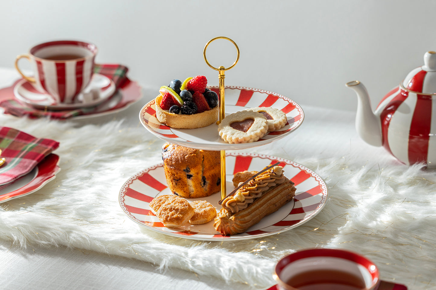 Red Carousel Stripes Fine Porcelain 2-Tier Server