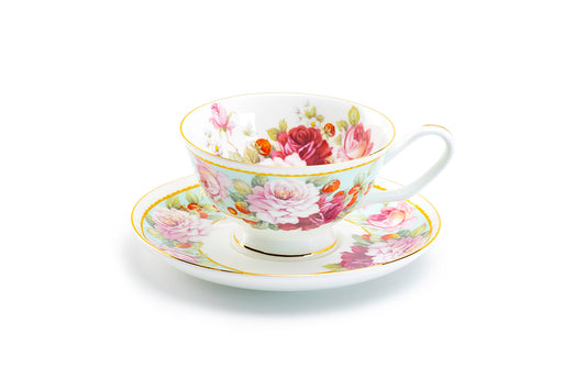 Peony and Strawberry Mint Bone China Tea Cup and Saucer