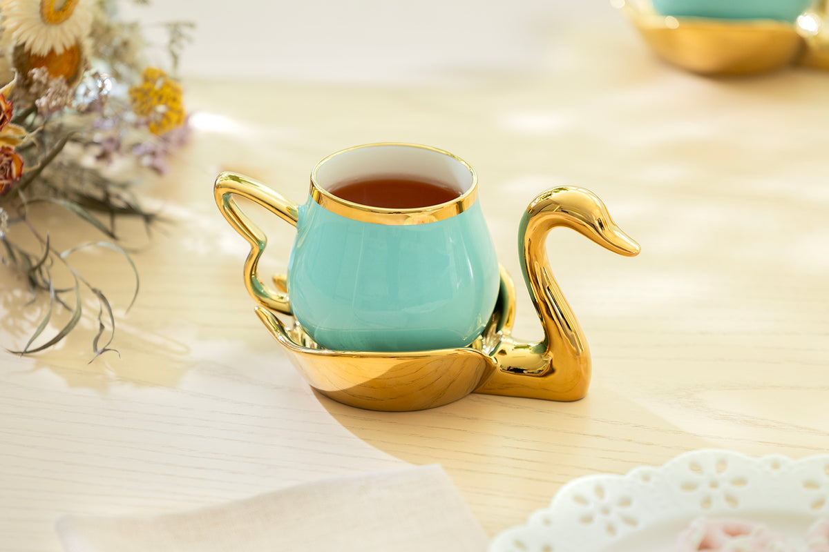 Golden Swan Turquoise Fine Porcelain Tea Cup and Saucer