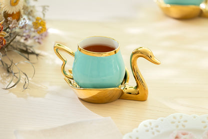 Golden Swan Turquoise Fine Porcelain Tea Cup and Saucer