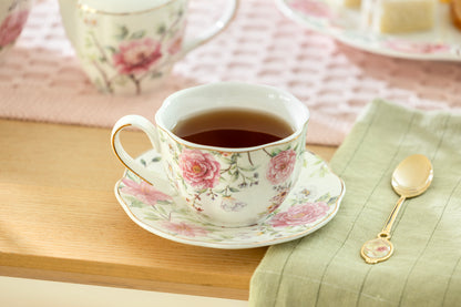 Pink Camellia Scallop Fine Porcelain Tea Cup and Saucer