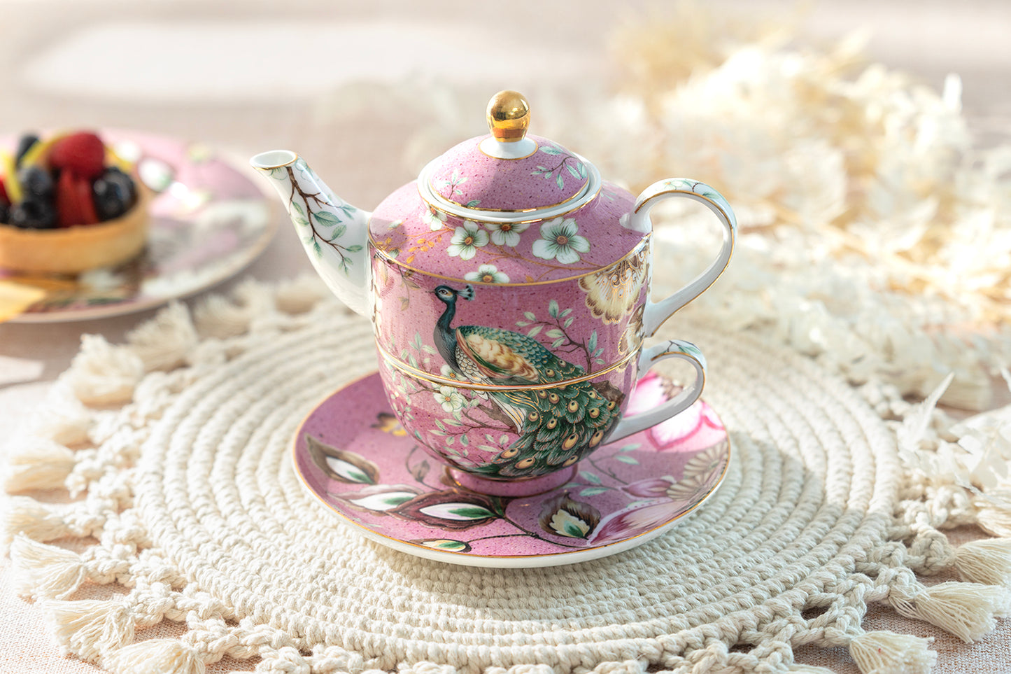 Peacock Lotus Garden Pink Tea For One Set