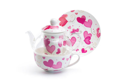 Pink Hearts Glass and Fine Porcelain Tea For One Set