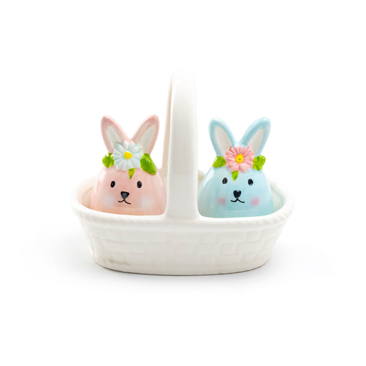 Pink and Blue Egg Bunnies with White Basket Ceramic Salt and Pepper Shaker Set