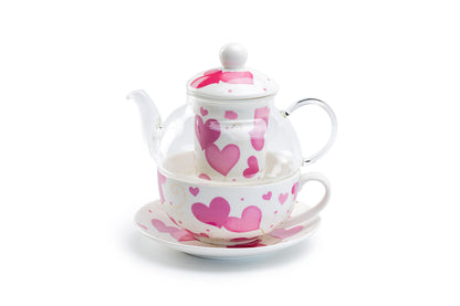 Pink Hearts Glass and Fine Porcelain Tea For One Set