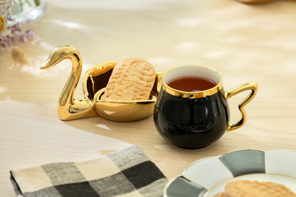 Golden Swan Black Fine Porcelain Tea Cup and Saucer