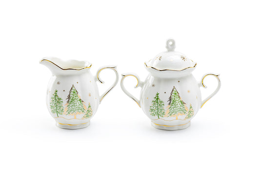 Christmas Pine Trees Fine Porcelain Sugar & Creamer Set