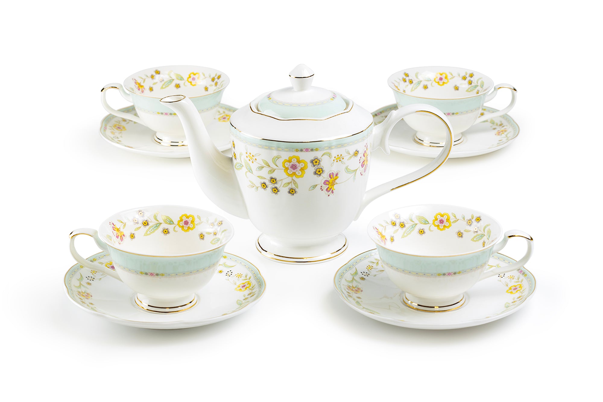 Grace Teaware Yellow Corn Flowers with Mint Rim Fine Porcelain Tea Set