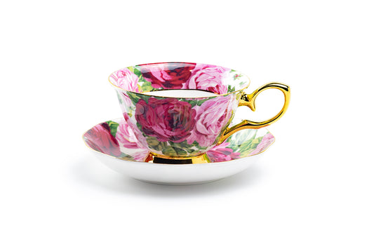 Rose Bloom Gold Bone China Tea Cup and Saucer