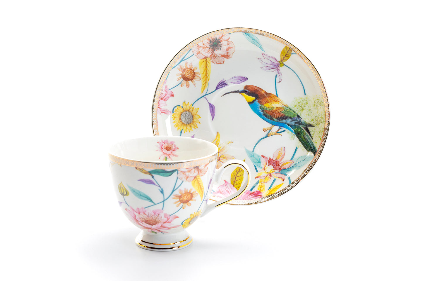 Spring Flowers with Hummingbird Fine Porcelain Assorted Color Tea Cup and Saucer Set of 4