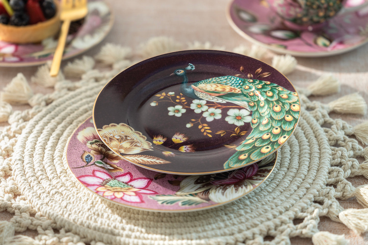 Peacock Lotus Garden Pink Fine Porcelain Dessert Plate Set of 2