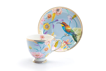 Spring Flowers with Hummingbird Fine Porcelain Assorted Color Tea Cup and Saucer Set of 4