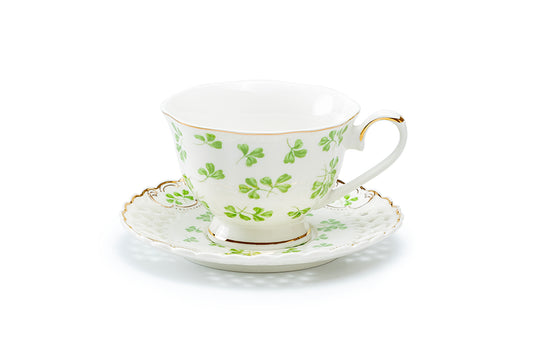 Shamrock Fine Porcelain Tea Cup and Saucer with Pierced Design