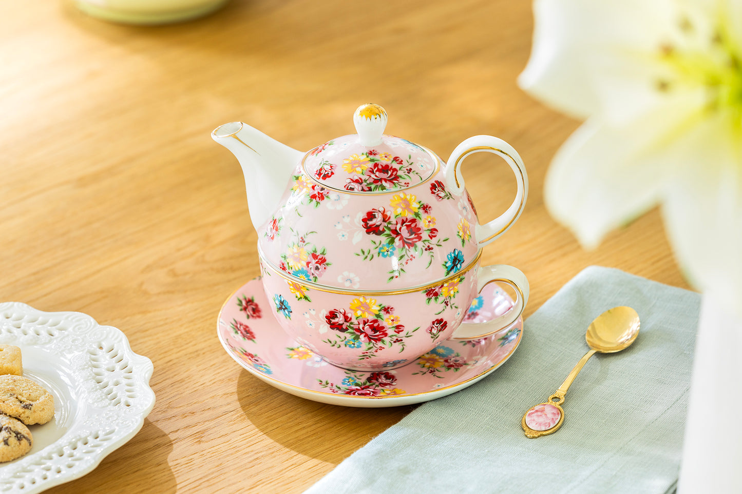 Pink Shabby Rose Fine Porcelain Tea For One Set