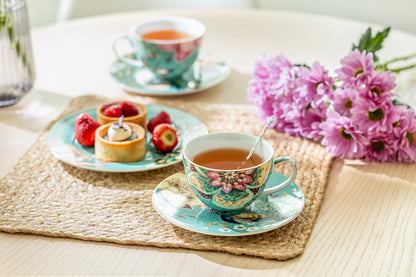 Peacock Lotus Garden Green Fine Porcelain Cup and Saucer Set of 2