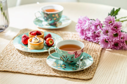 Peacock Lotus Garden Green Fine Porcelain Cup and Saucer Set of 2