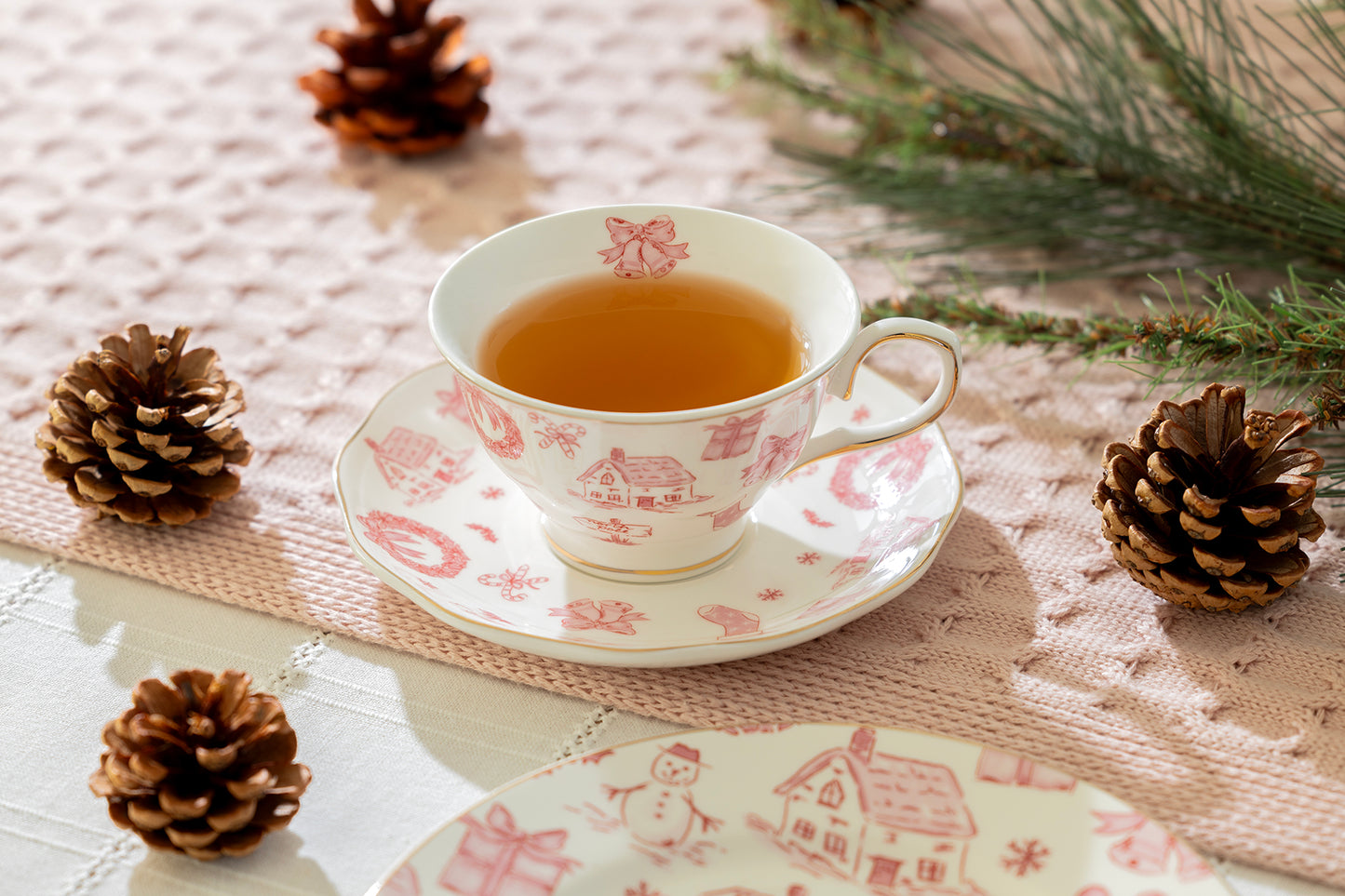 Christmas Pink Bow Fine Porcelain Tea Cup and Saucer