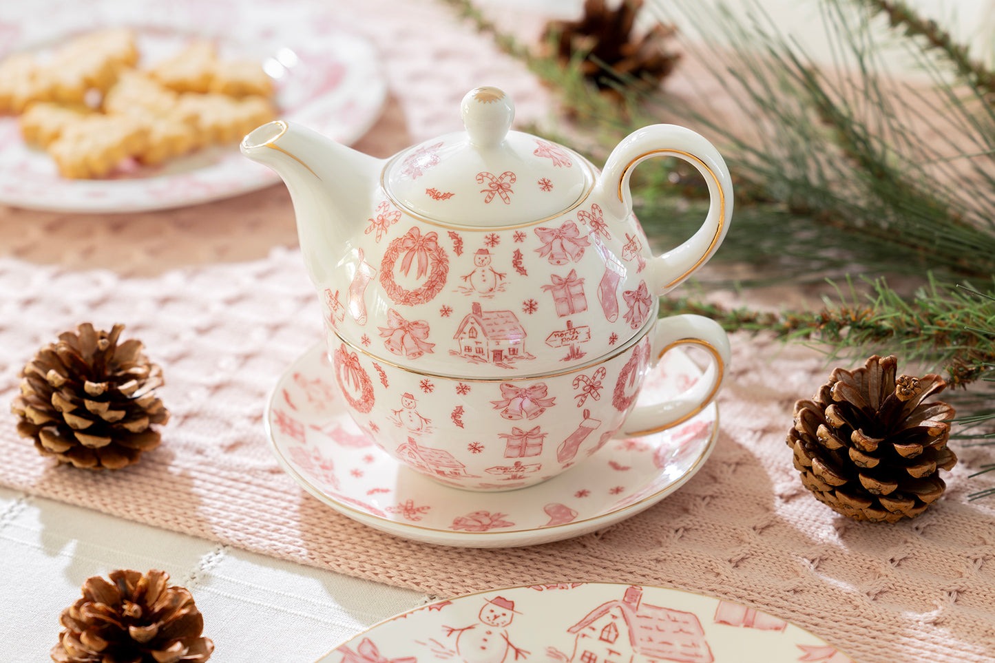 Christmas Pink Bow Fine Porcelain Tea For One Set