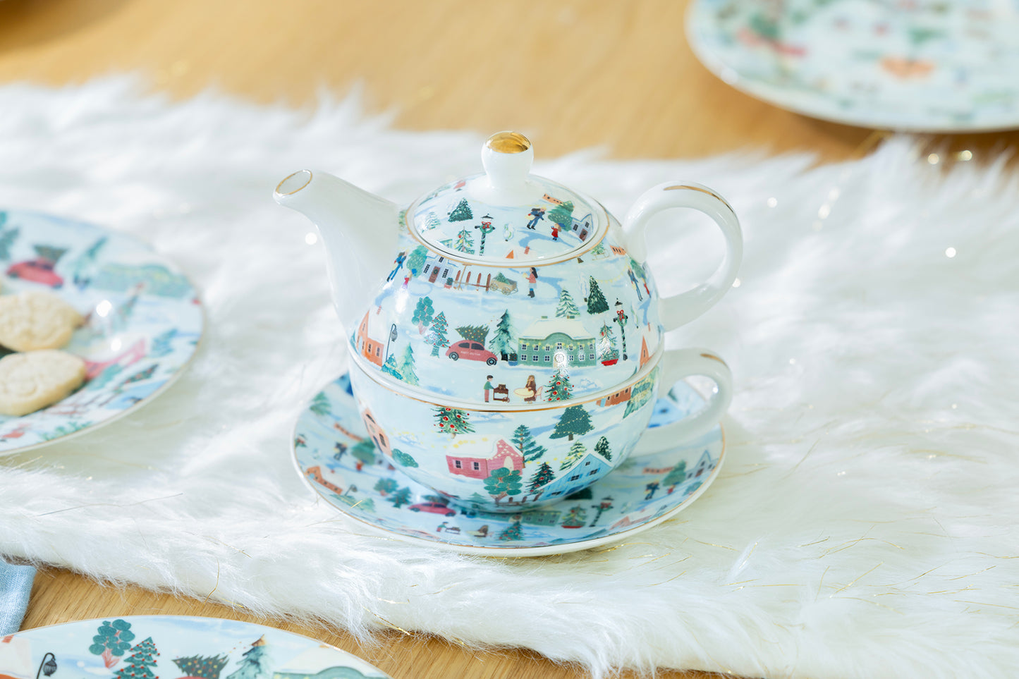 Christmas Village Fine Porcelain Tea For One Set