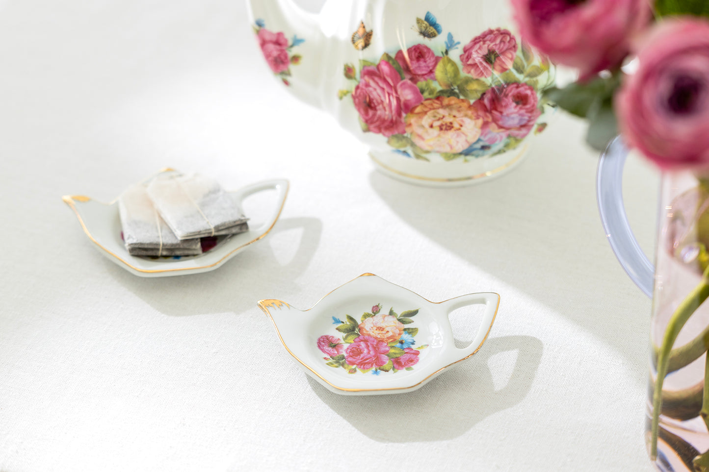 Sandra's Rose with Butterflies Fine Porcelain Tea Bag Holder Set of 4