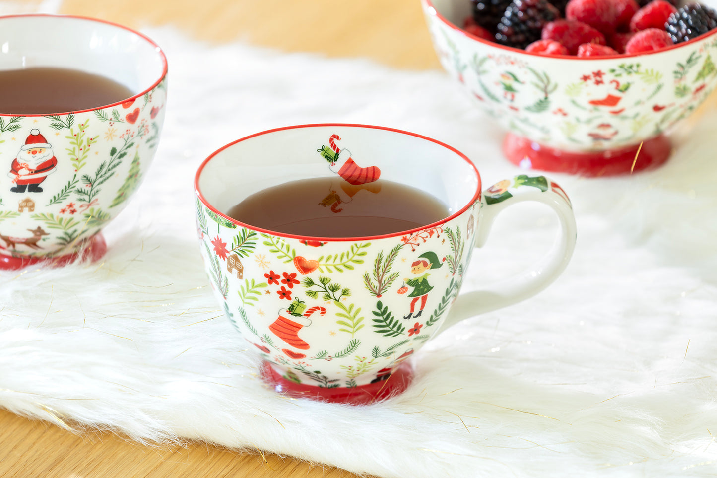 Festive Holiday Elf and Santa Fine Porcelain Latte Mug