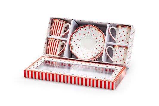 Gift Boxed Red Josephine Stripes and Dots 2oz Demitasse Cups and Saucers