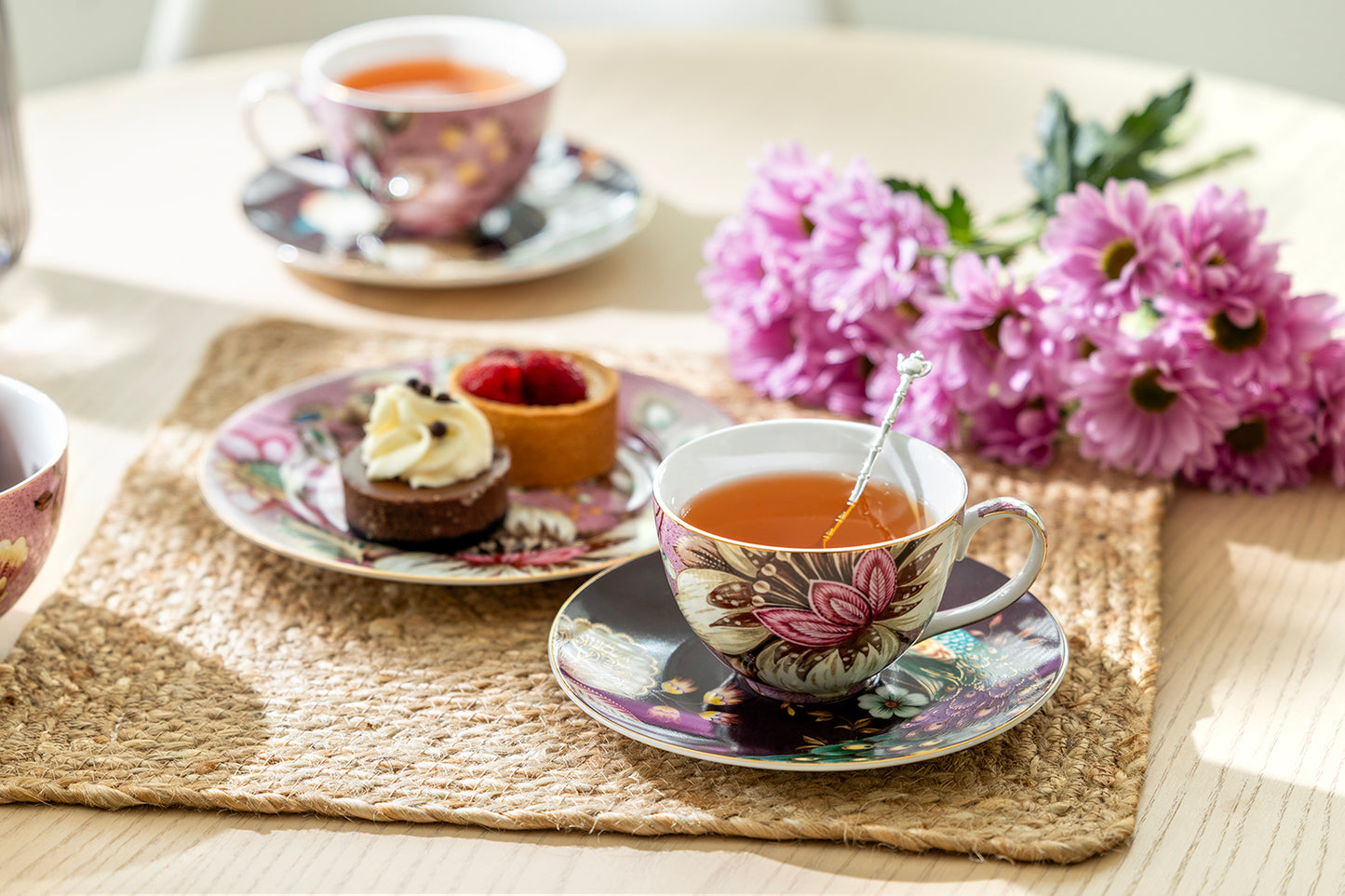 Peacock Lotus Garden Pink Fine Porcelain Cup and Saucer Set of 2